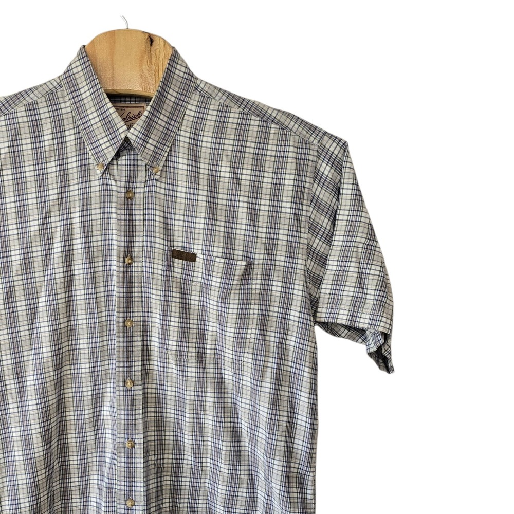 Woolrich Mens Large Blue Tan Plaid Cotton Short Sleeve Button Down Shirt Outdoor